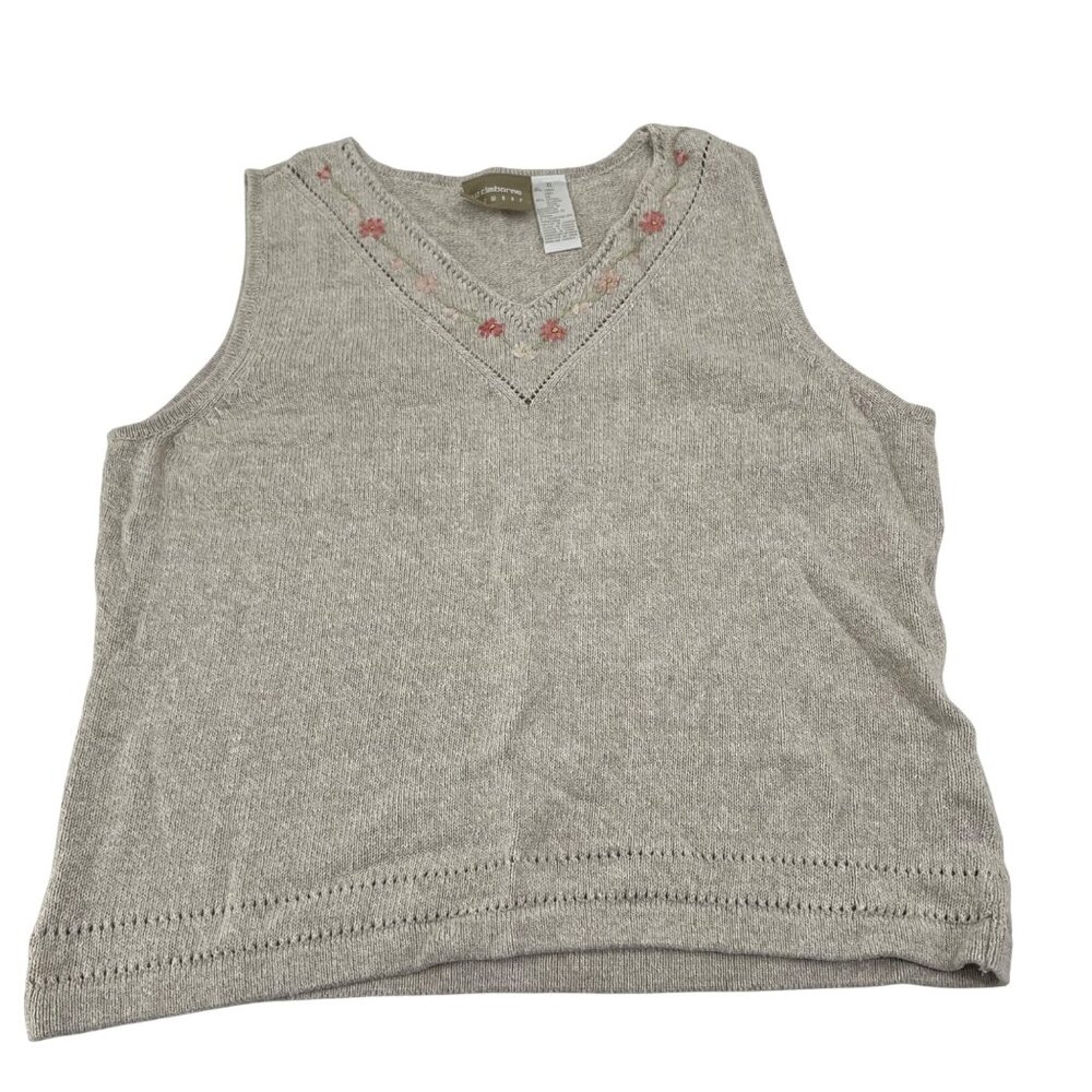 Liz Claiborne Lizwear XL Beige Sweater Tank Top V-Neck Floral‎ Embroidery Linen